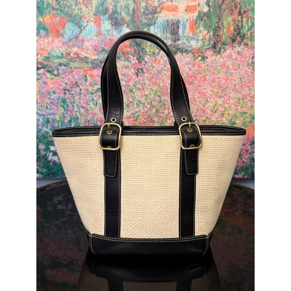 EUC Vintage Coach 8908 Raffia Basket/Tote Bag Cream/Black - Picture 2 of 10
